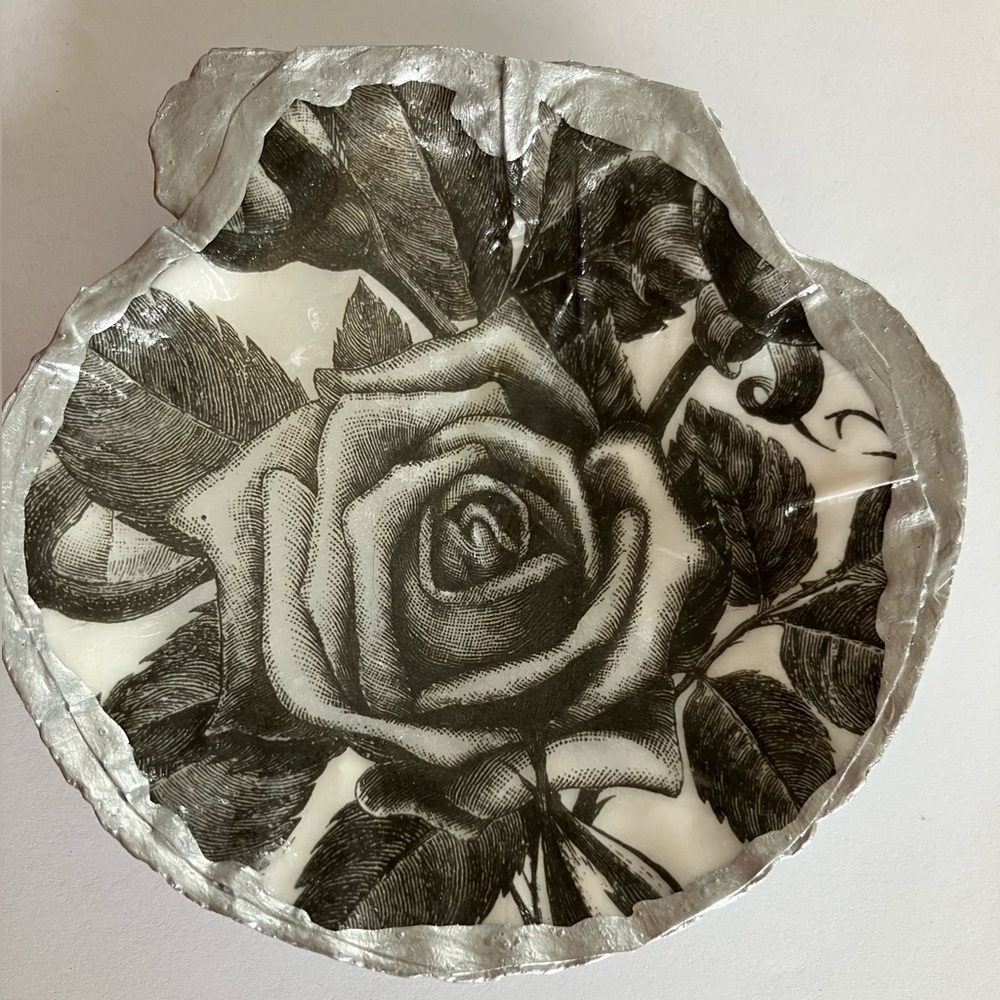 Handcrafted Shell Black Rose Shadow 4-5 inch Decoupage Silver Metallic